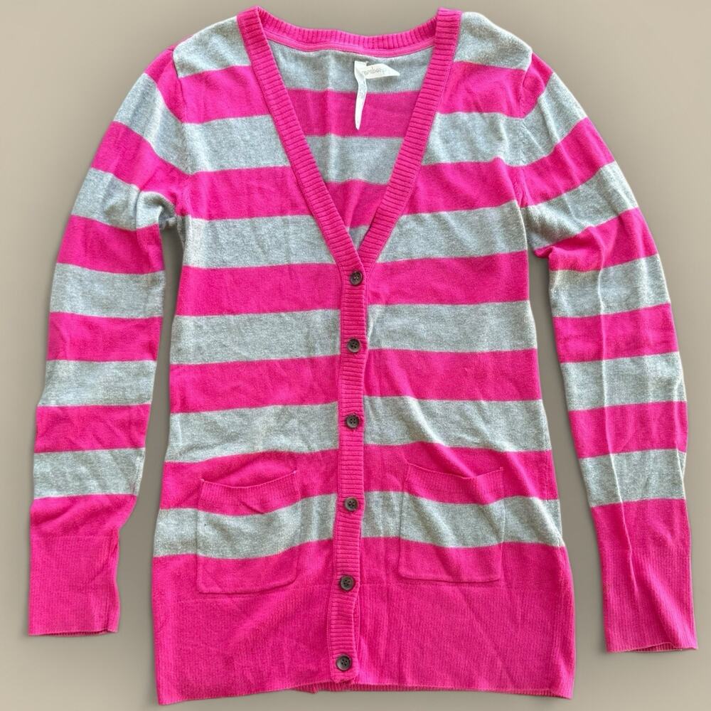 Y2K Aeropostale Striped Pink Gray Knit Cardigan Sweater Long Length Womens Large